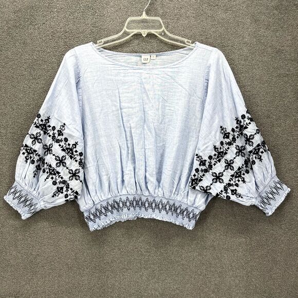 Gap Tops - Gap Top women Medium Blue Puff Sleeves boat neck Floral embroidered Crop Blouse‎